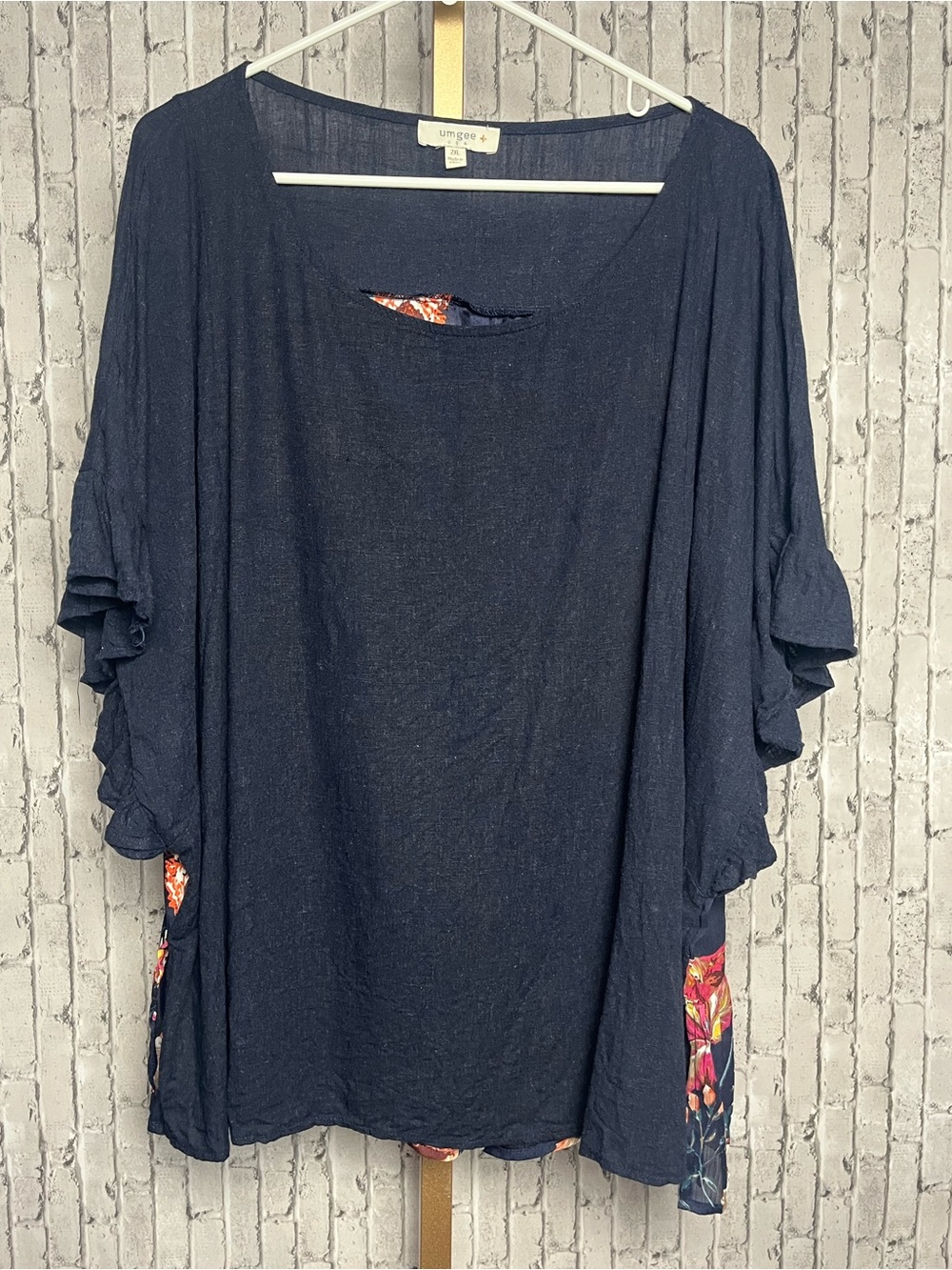 Umgee Plus Navy Blue Mixed Floral Print Ruffle Back Babydoll Tunic Top 2X